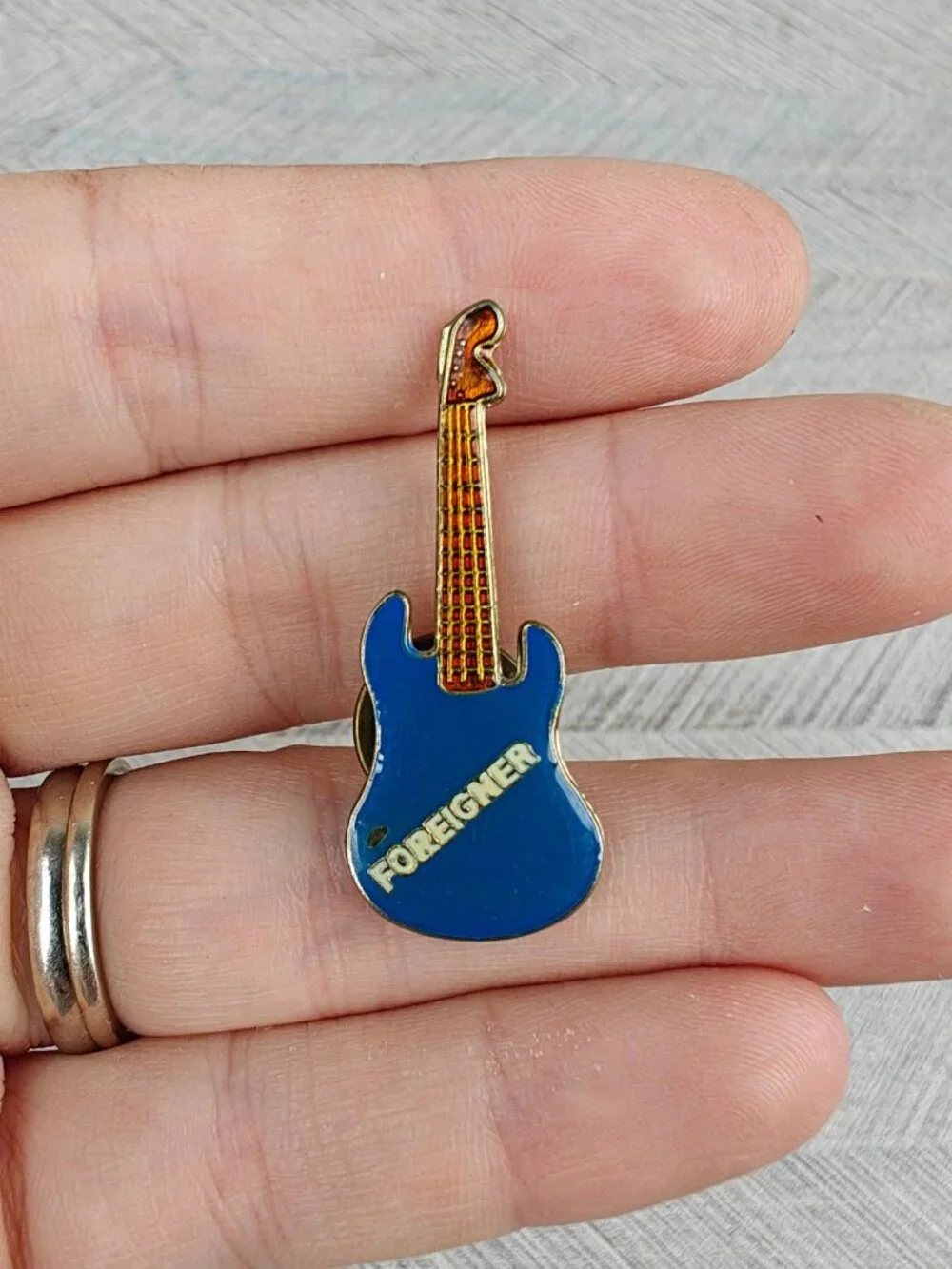 Vintage Foreigner Lapel Pin Guitar-Shaped Enamel Metal 1980s Blue & Gold